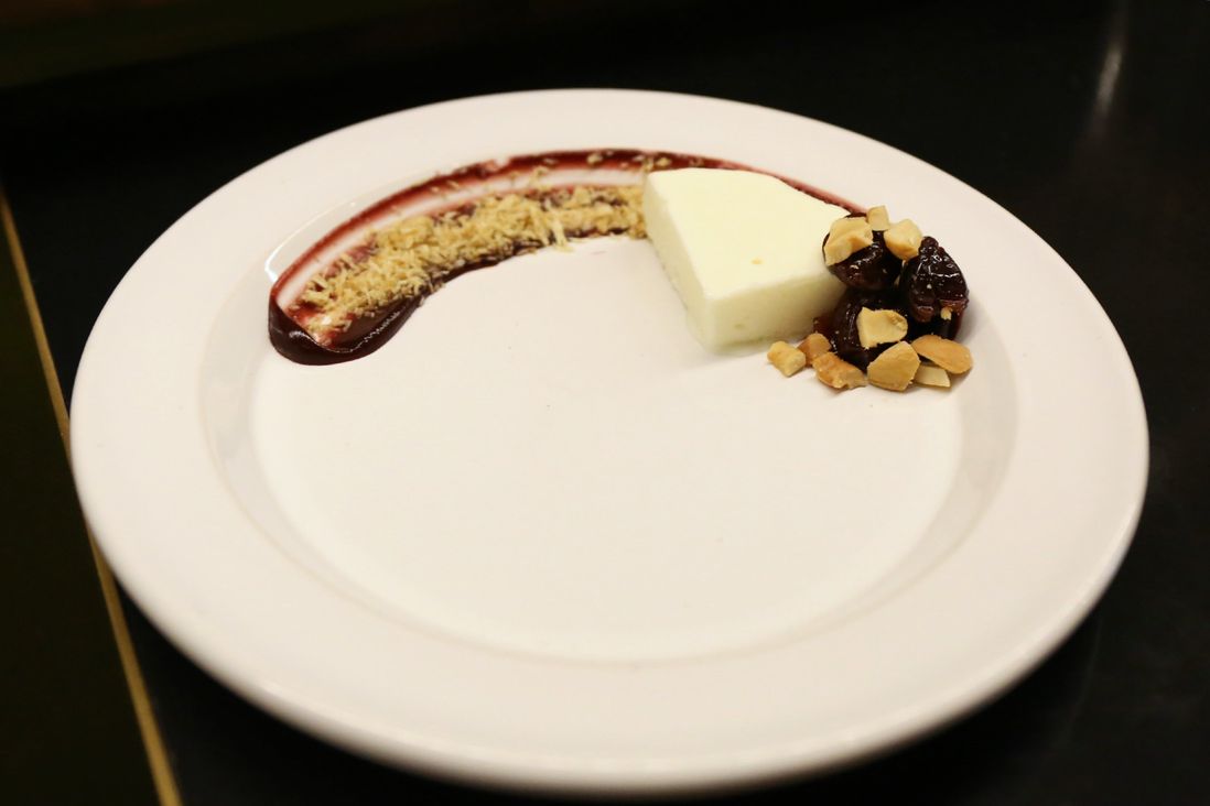 Brie ice cream with Triscuit, pickled cherry, port, cashew<br>